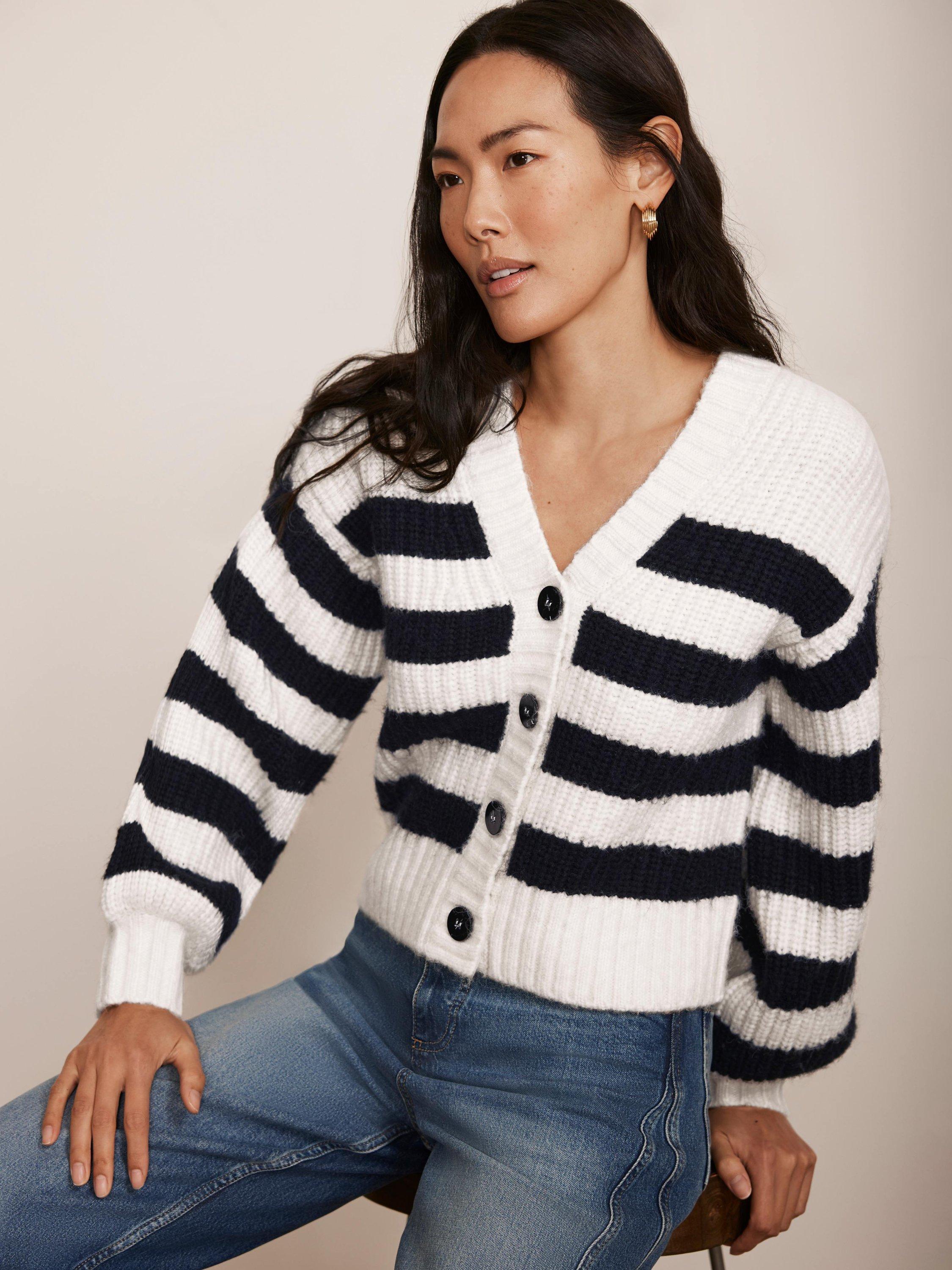 Product image 5 of 8, which shows Mint Velvet Stripe V-Neck Cardigan, Navy/Ivory, L