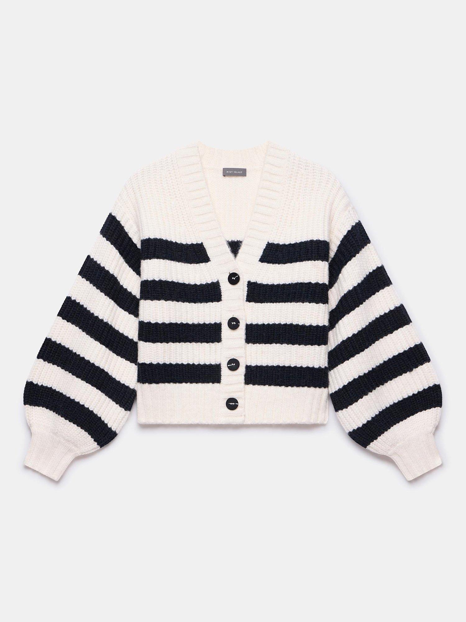 Product image 6 of 8, which shows Mint Velvet Stripe V-Neck Cardigan, Navy/Ivory, L