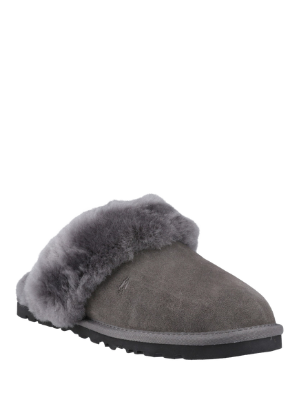 Hush Puppies Samantha Suede Sheepskin Collar Mule Slippers - view 2, Grey