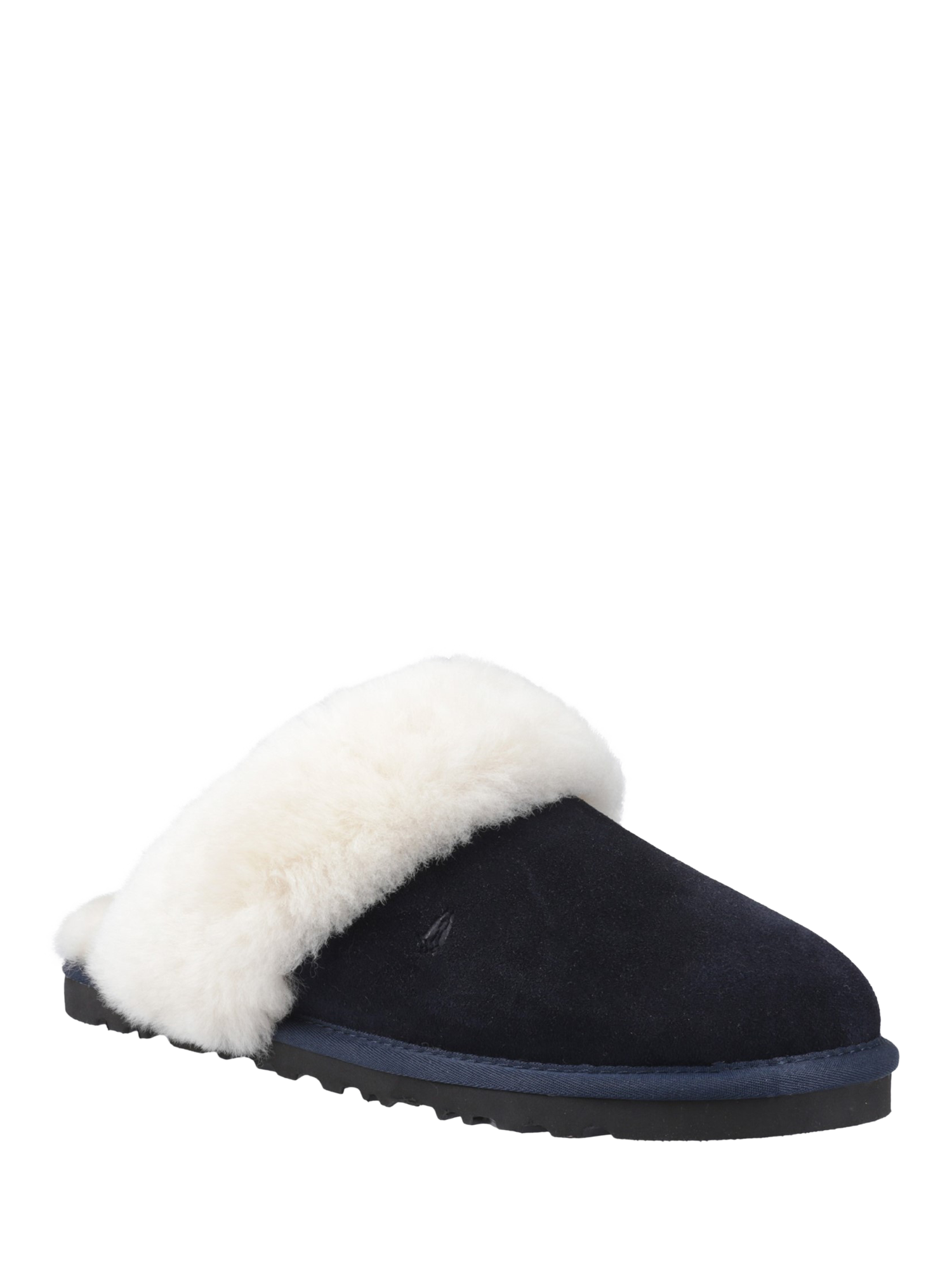 Product image 2 of 4, which shows Hush Puppies Samantha Suede Sheepskin Collar Mule Slippers, Navy, 5