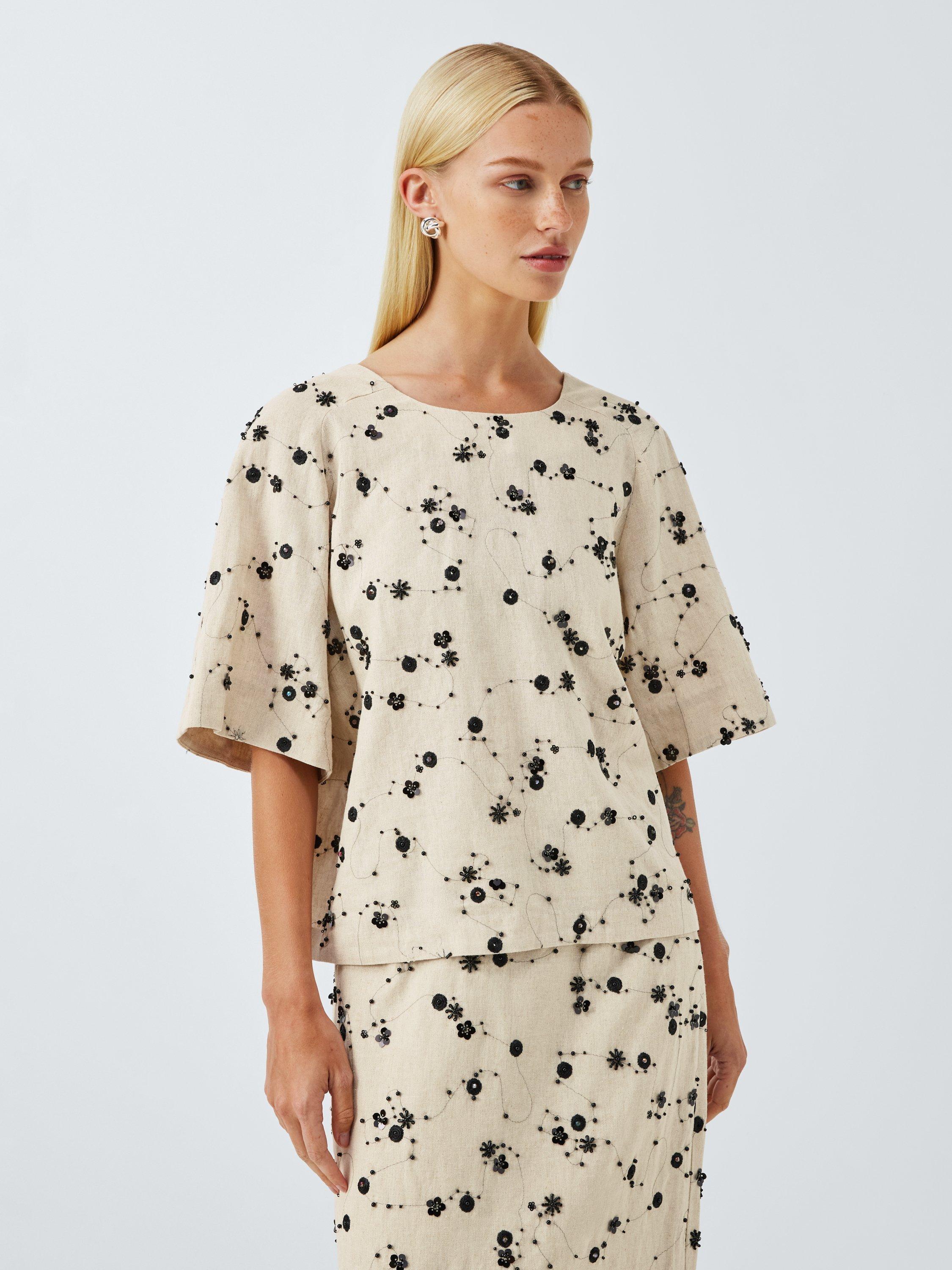 Product image 1 of 6, which shows John Lewis Short Sleeve Embellished Linen Blend Top, Multi, 10