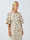 John Lewis Short Sleeve Embellished Linen Blend Top, Multi
