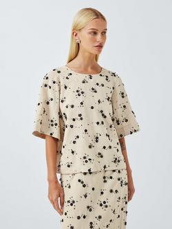 John Lewis Short Sleeve Embellished Linen Blend Top, Multi, Multi