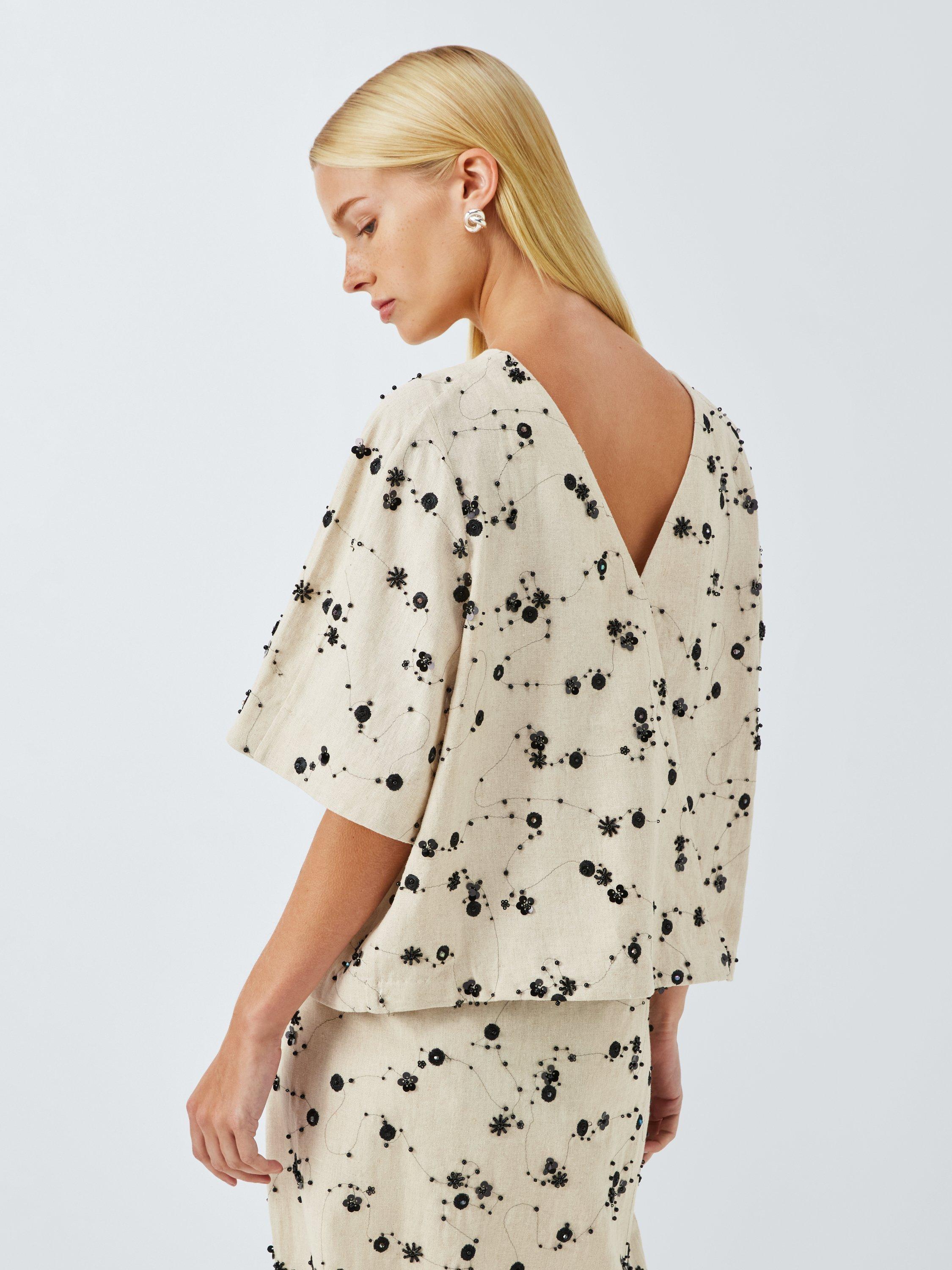 Product image 2 of 6, which shows John Lewis Short Sleeve Embellished Linen Blend Top, Multi, 10