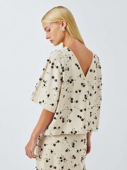 John Lewis Short Sleeve Embellished Linen Blend Top, Multi - view 2, Multi