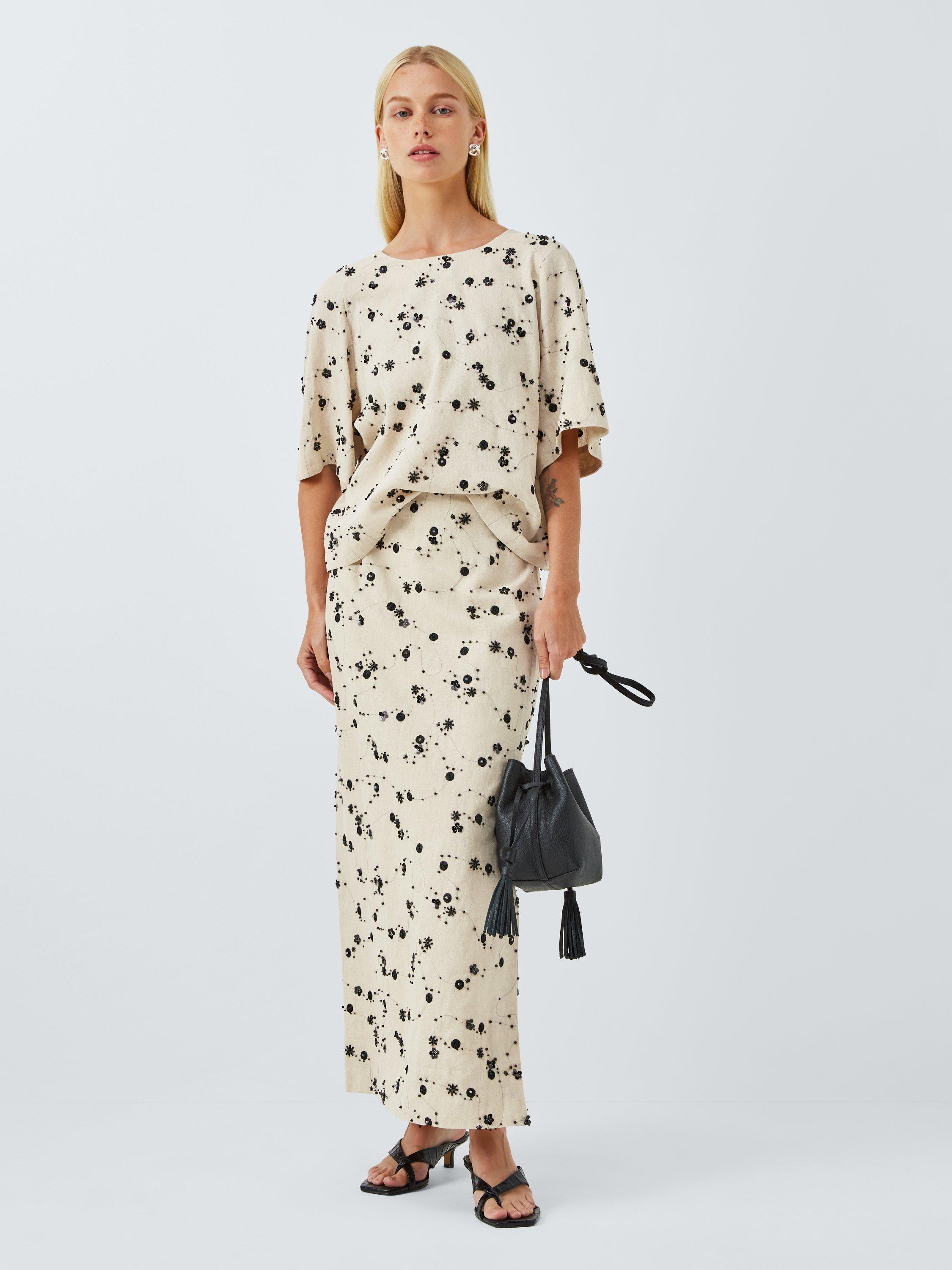 Product image 3 of 6, which shows John Lewis Short Sleeve Embellished Linen Blend Top, Multi, 10