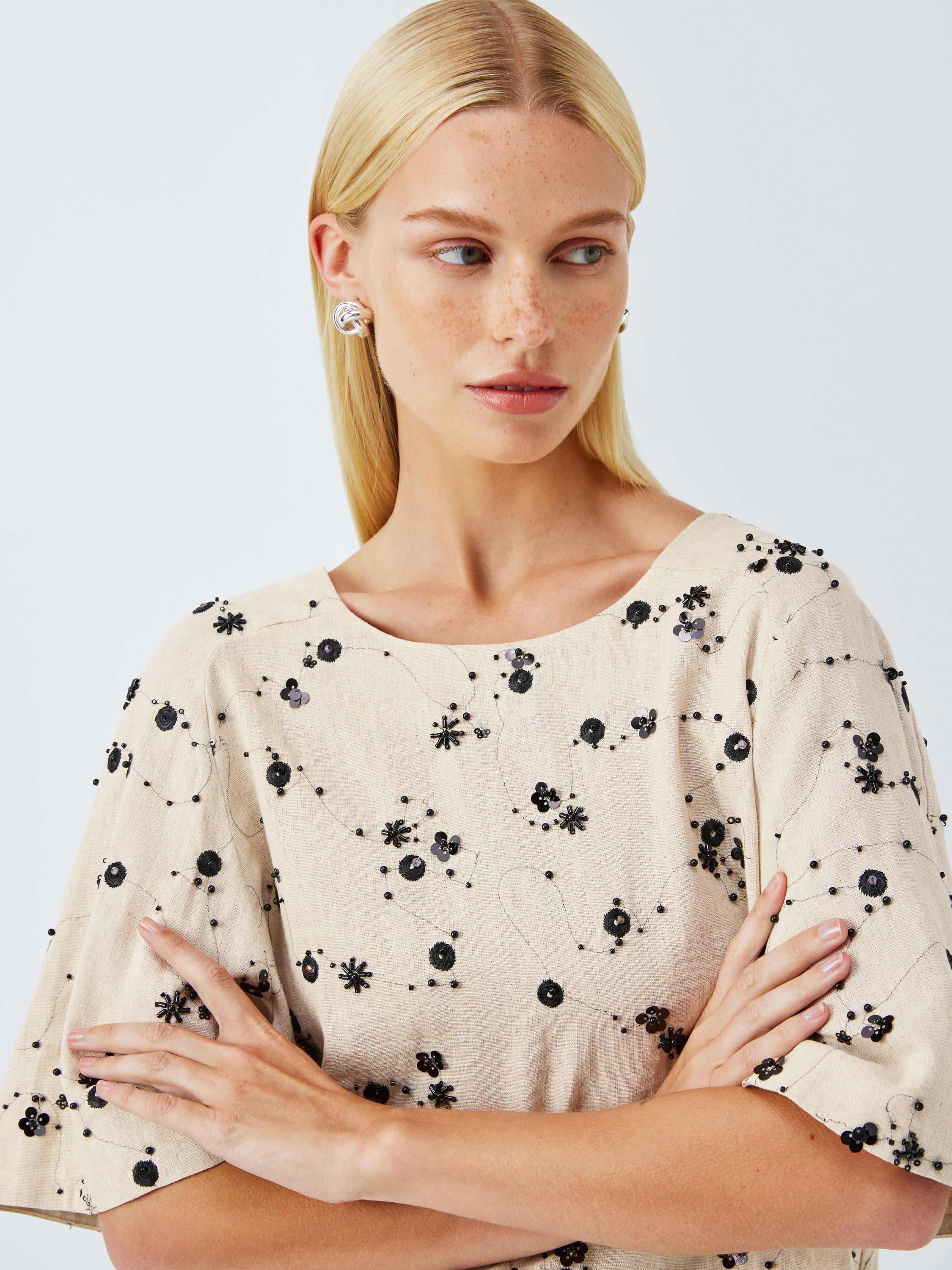 Product image 5 of 6, which shows John Lewis Short Sleeve Embellished Linen Blend Top, Multi, 10
