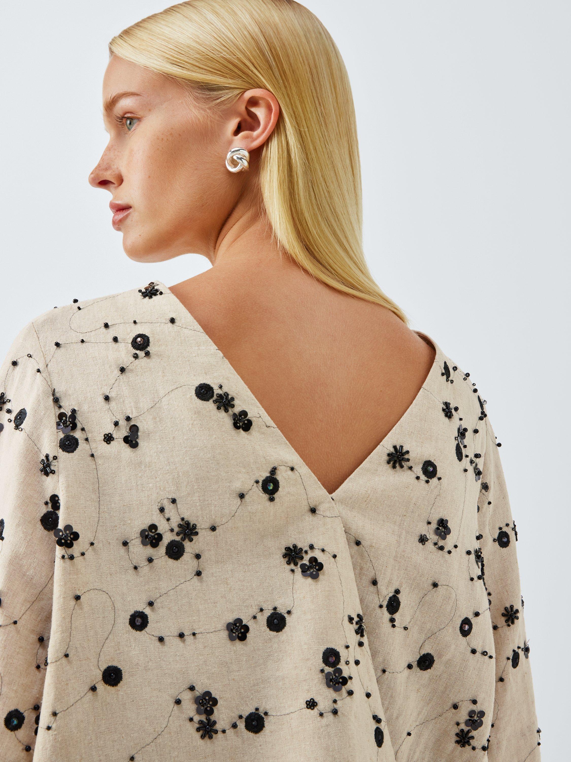 Product image 6 of 6, which shows John Lewis Short Sleeve Embellished Linen Blend Top, Multi, 10