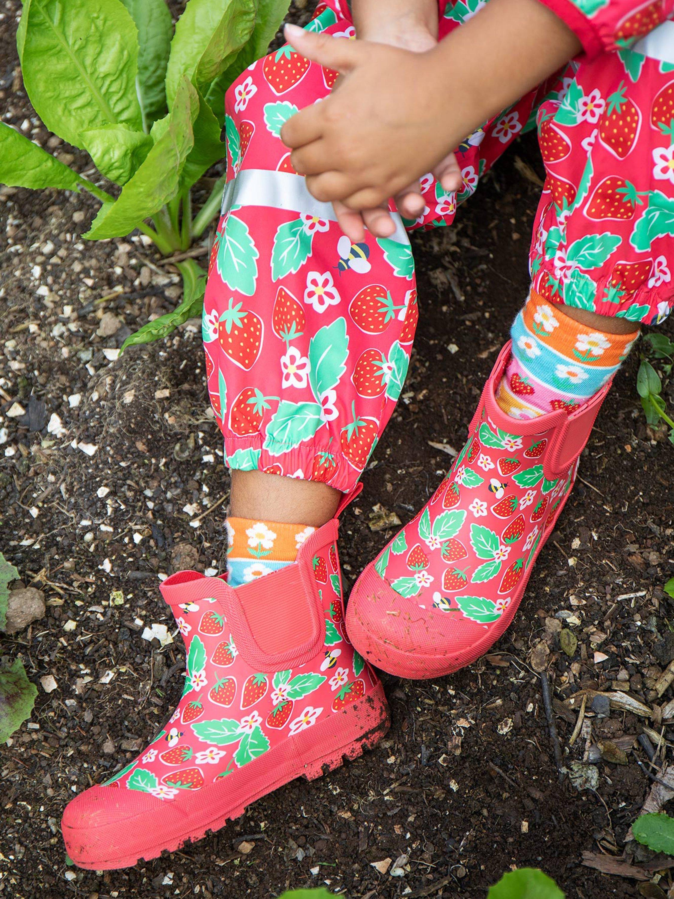 Product image 2 of 6, which shows Frugi Kids' Short Wellington Boots, Pink/Multi, EU21