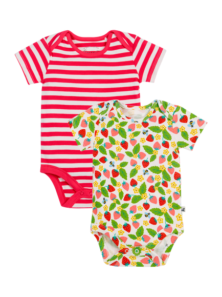 Frugi Baby Organic Cotton Strawberry Short Sleeve Bodysuit, Pack of 2, Multi, Multi
