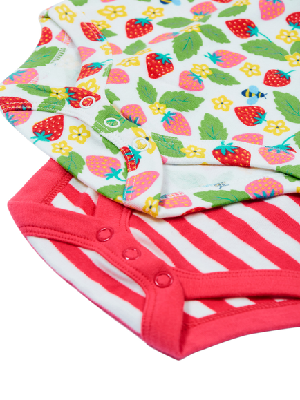 Frugi Baby Organic Cotton Strawberry Short Sleeve Bodysuit, Pack of 2, Multi - view 2, Multi
