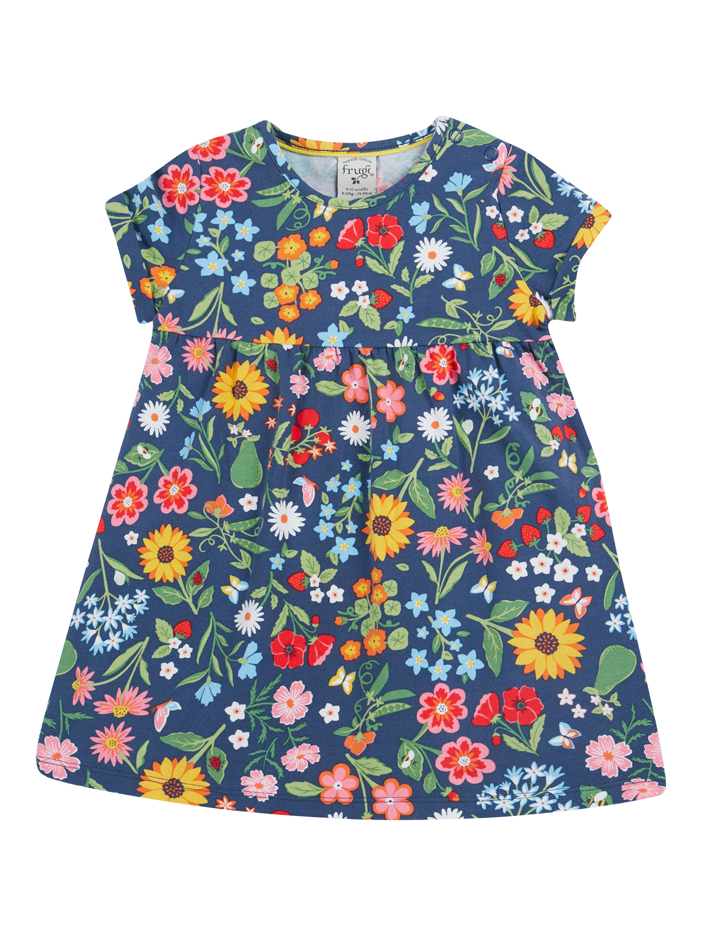 Product image 1 of 4, which shows Frugi Baby Ellen Cotton Short Sleeved Floral Dress, Potager Garden, 0-3 months