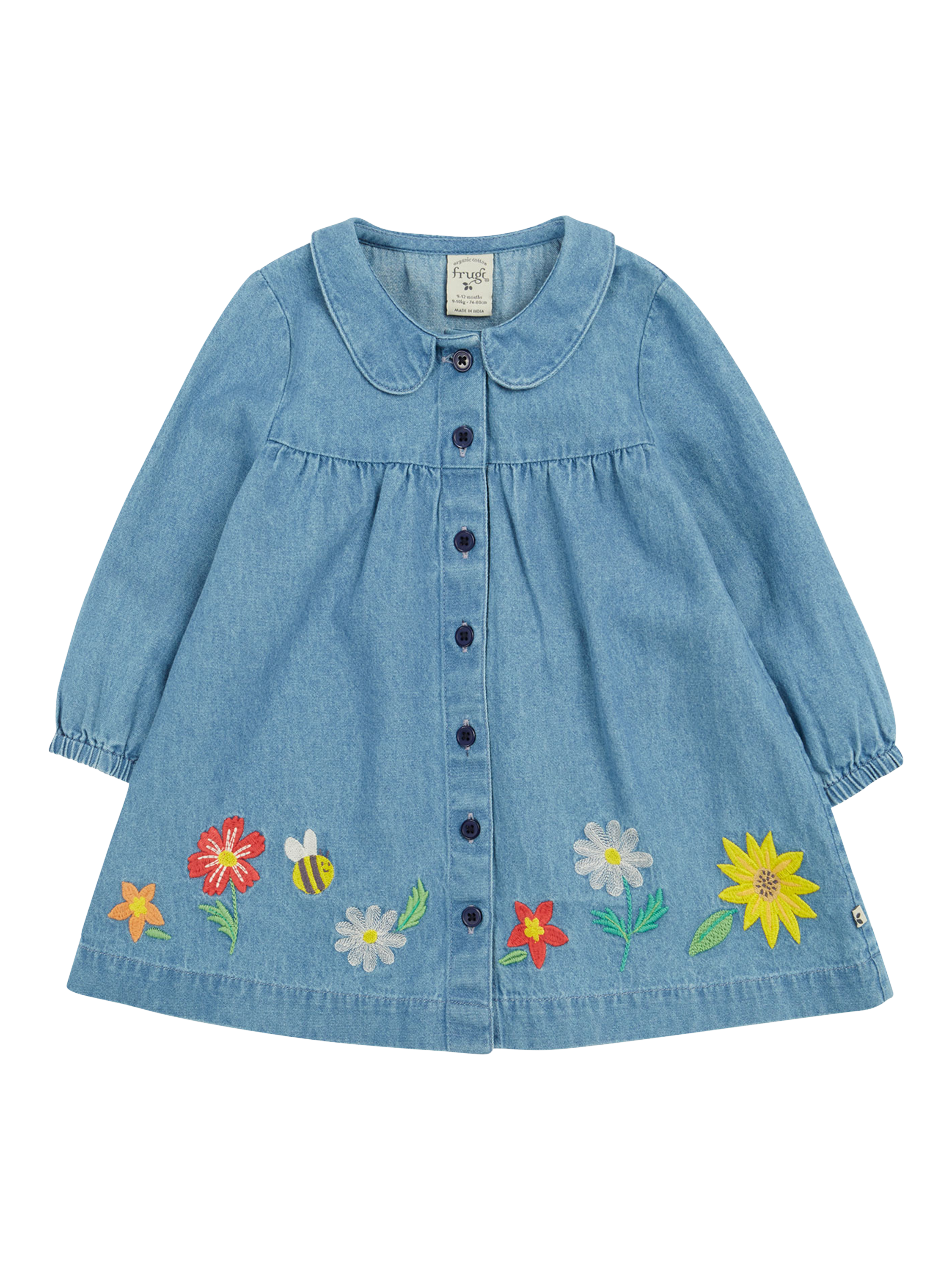 Product image 1 of 6, which shows Frugi Baby Emma Organic Cotton Denim Shirt Dress, Blue, 0-3 months