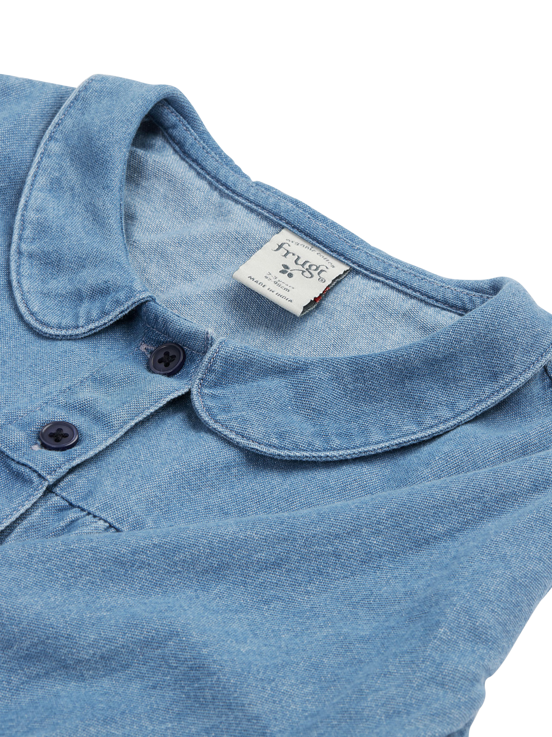 Product image 6 of 6, which shows Frugi Baby Emma Organic Cotton Denim Shirt Dress, Blue, 0-3 months