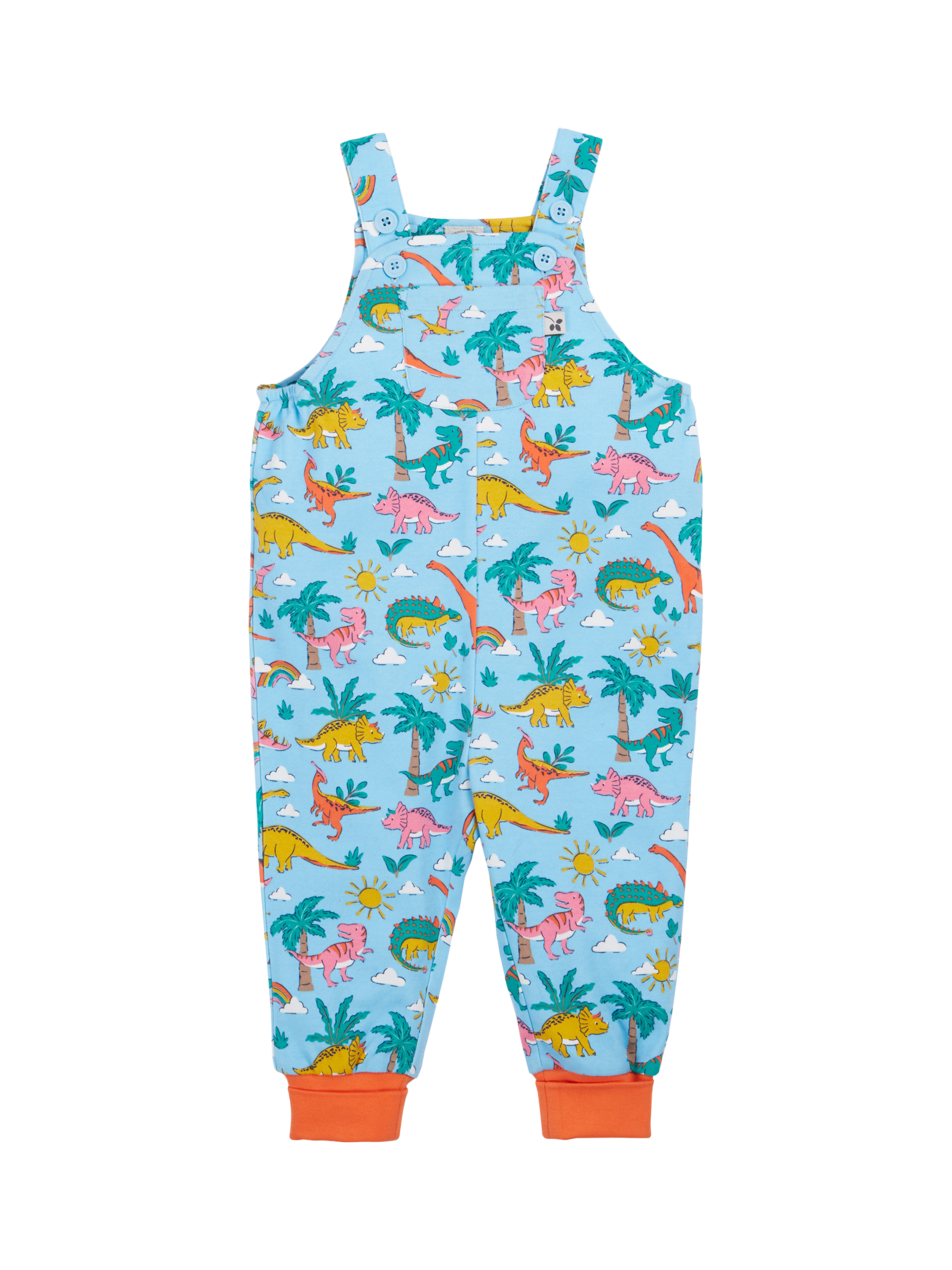 Product image 1 of 3, which shows Frugi Baby Parsnip Cotton Long Leg Dungarees, Bluebird Dinoland, 0-3 months