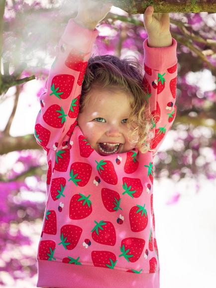 Frugi Kids' Easy On Strawberry Pure Organic Cotton Jumper, Pink/Red - view 2, Pink/Red
