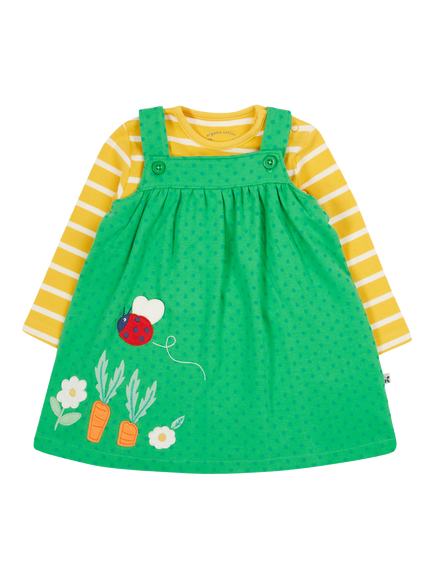 Frugi Baby Selma Organic Cotton Pinafore Dress & Bodysuit Set, Green/Multi, Green/Multi