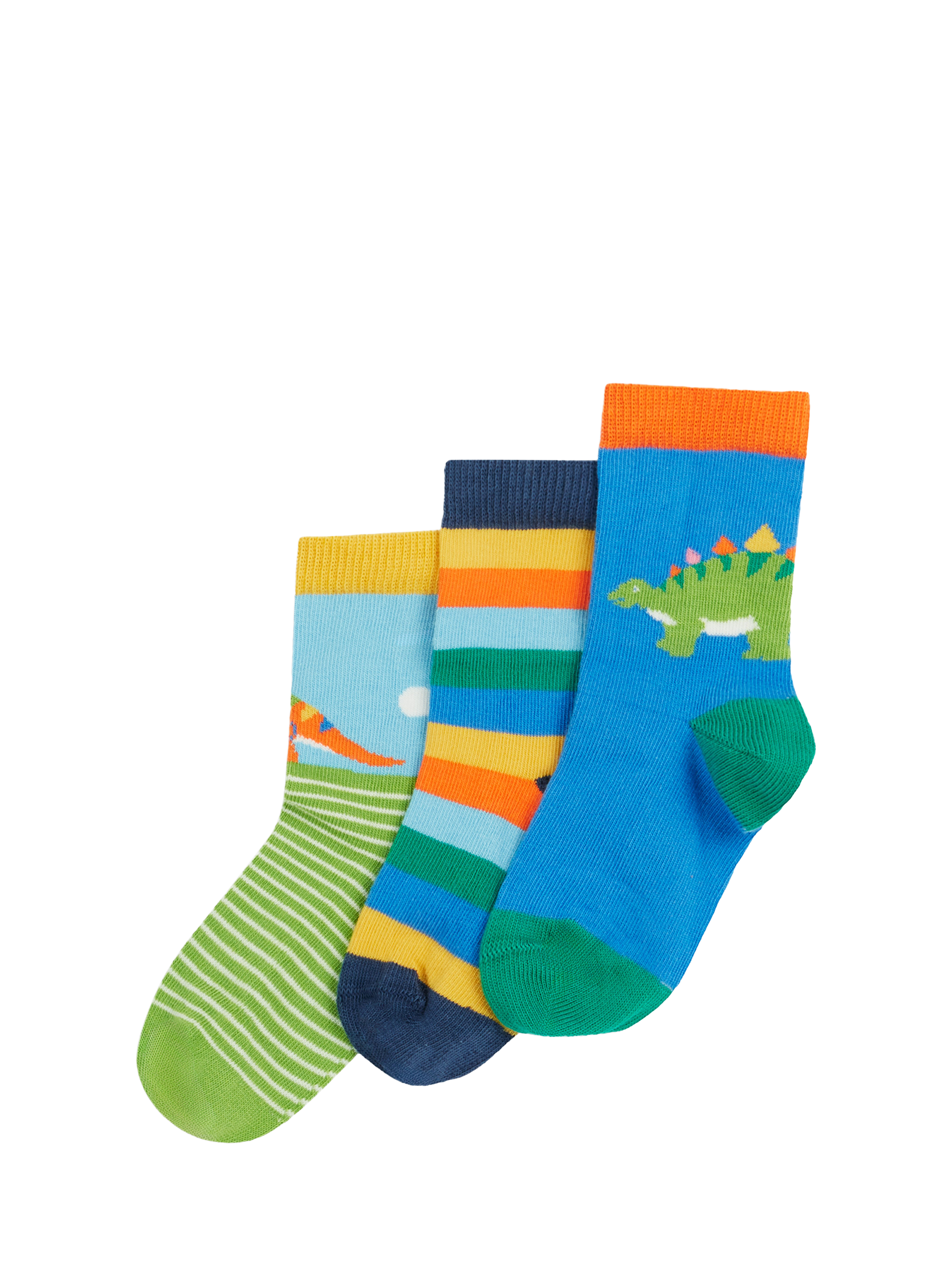 Product image 1 of 4, which shows Frugi Kids' Cotton Blend Printed Socks, 3 Pack, Dino Multipack, 0-6 months