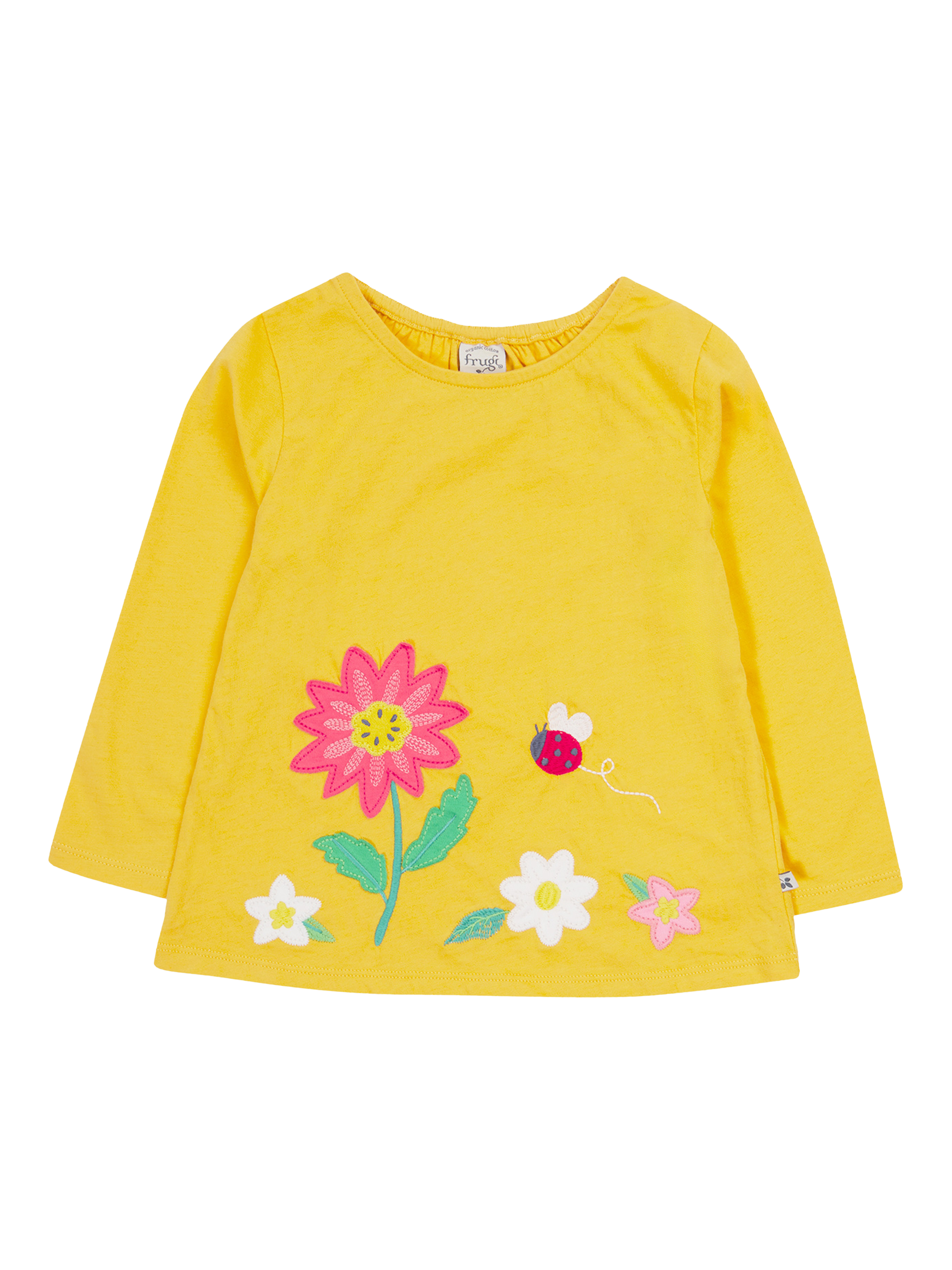 Product image 1 of 4, which shows Frugi Baby Carmen Applique Top, Yellow, 0-3 months