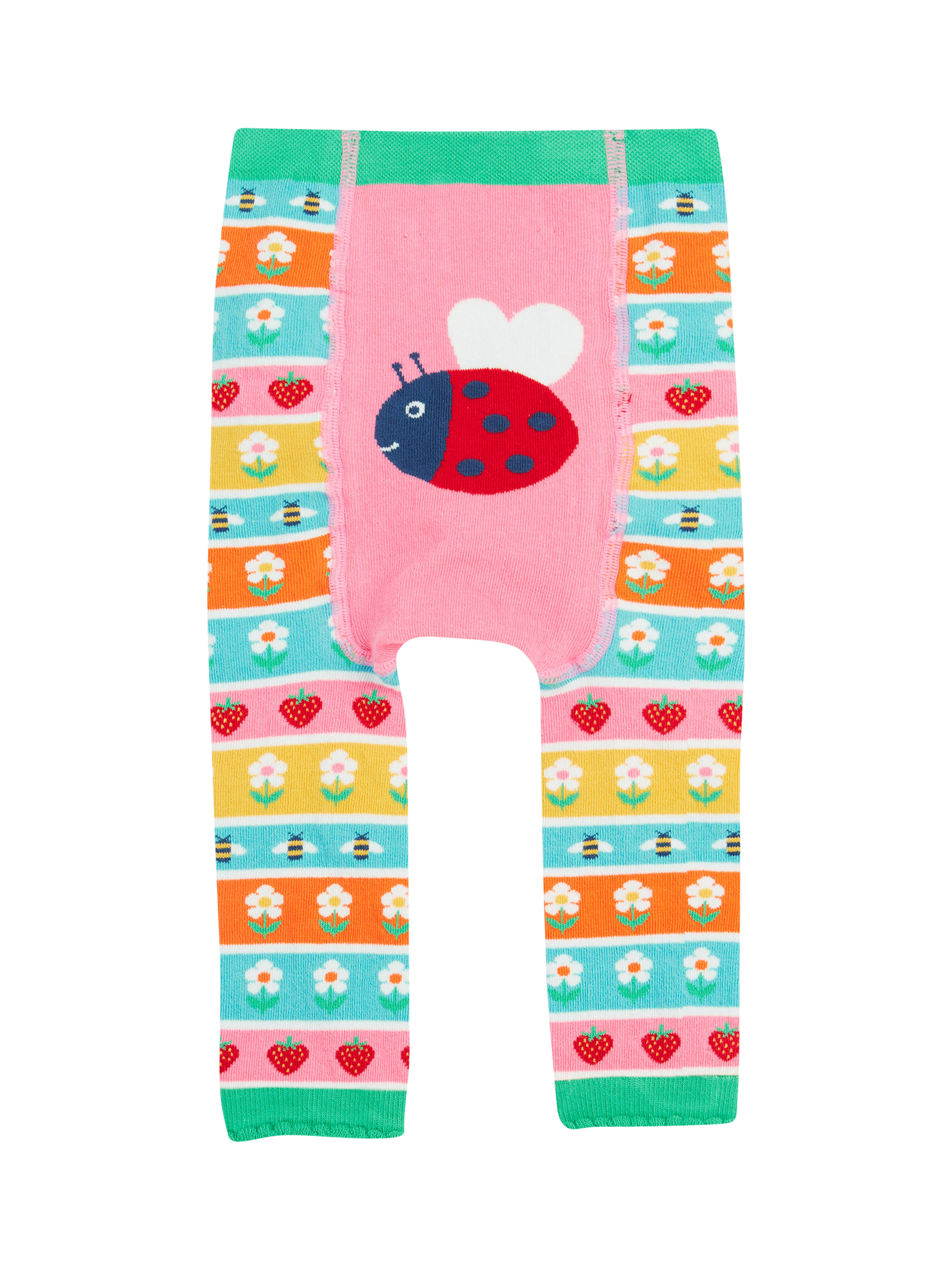 Product image 1 of 4, which shows Frugi Baby Daisy Ladybird Knitted Leggings, Daisy Fair Isle, 0-6 months