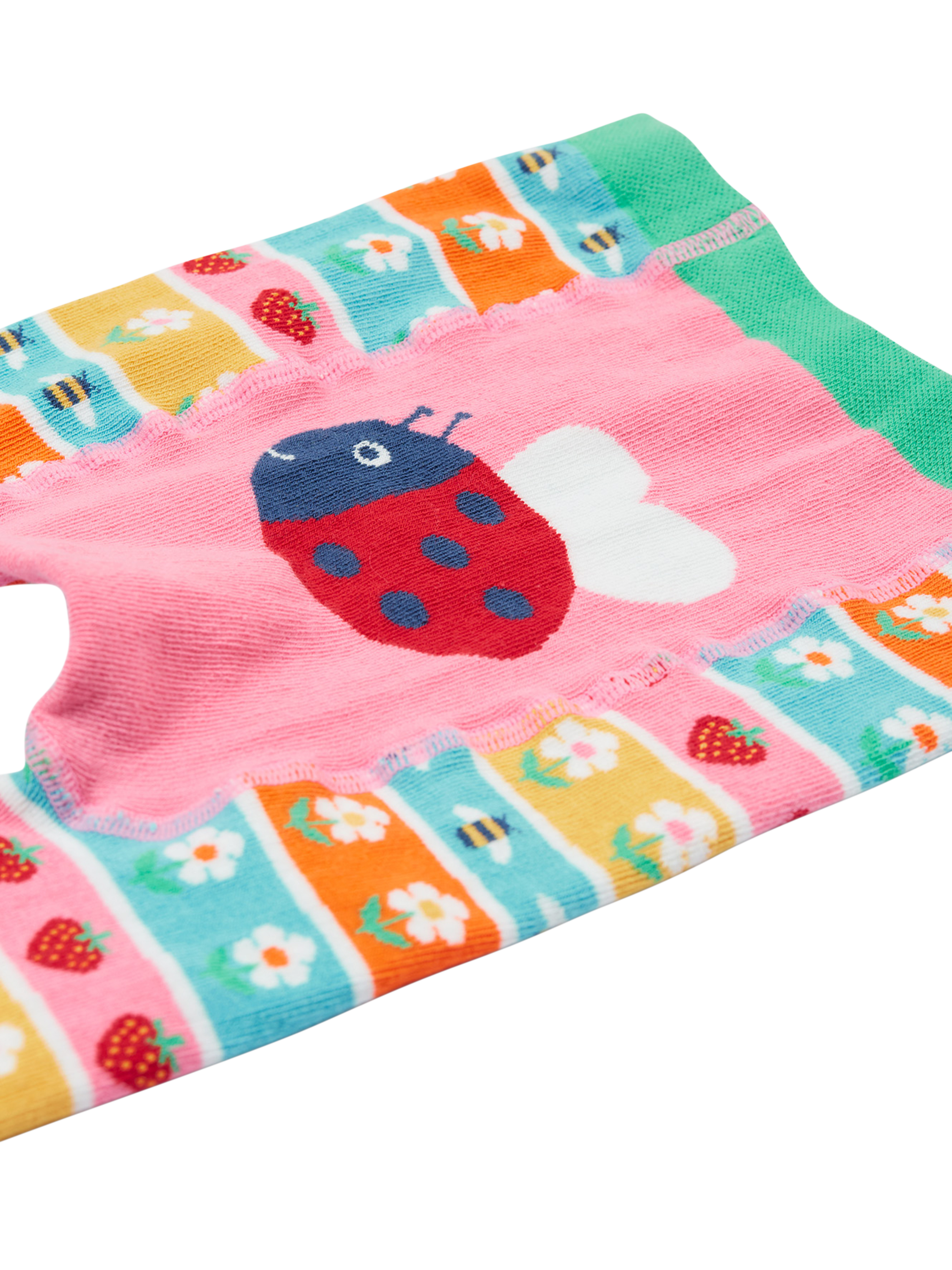 Product image 3 of 4, which shows Frugi Baby Daisy Ladybird Knitted Leggings, Daisy Fair Isle, 0-6 months