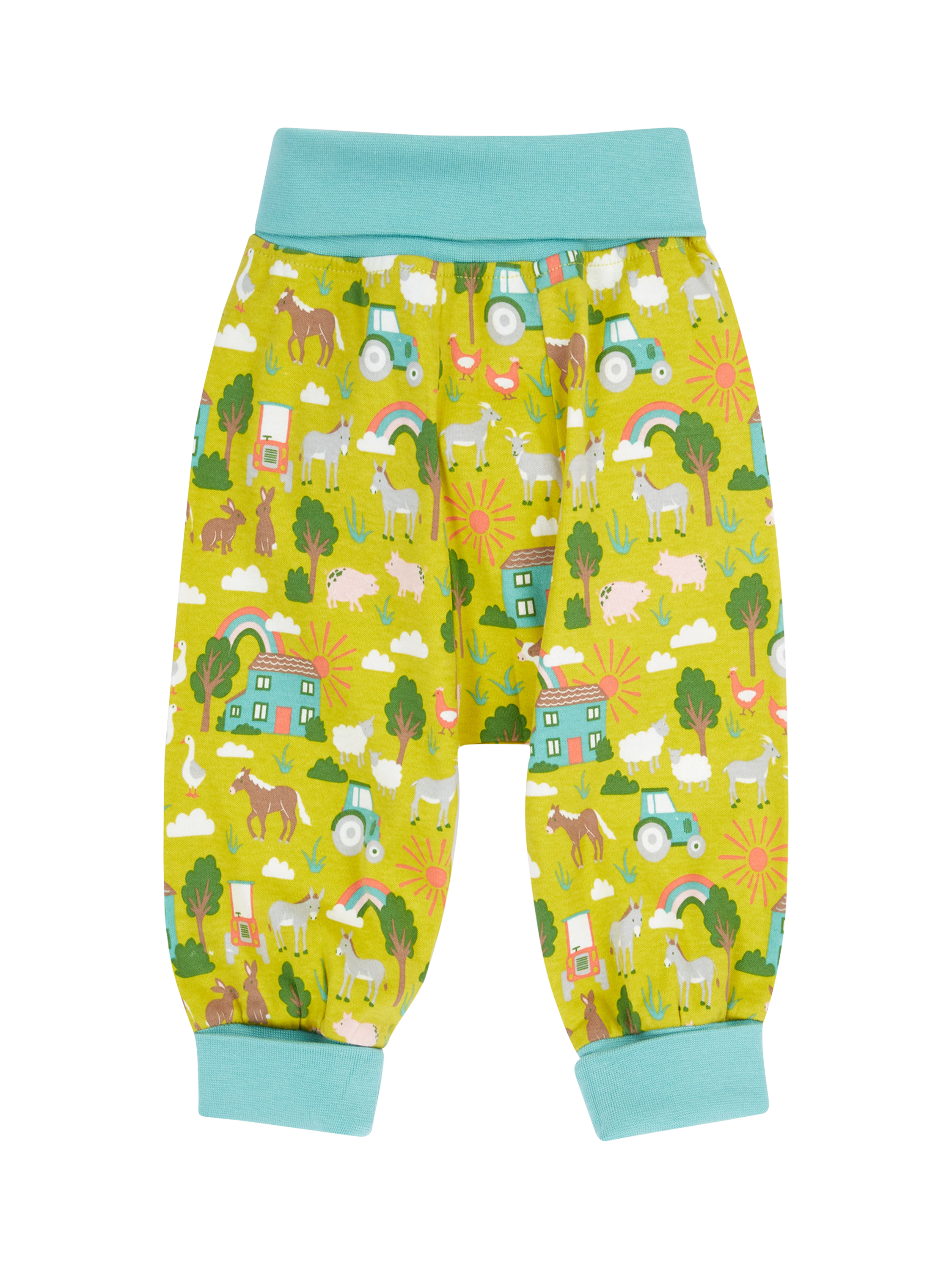 Product image 1 of 4, which shows Frugi Kids' Parsnip Cotton Printed Dungarees, Farm Life, 0-3 months