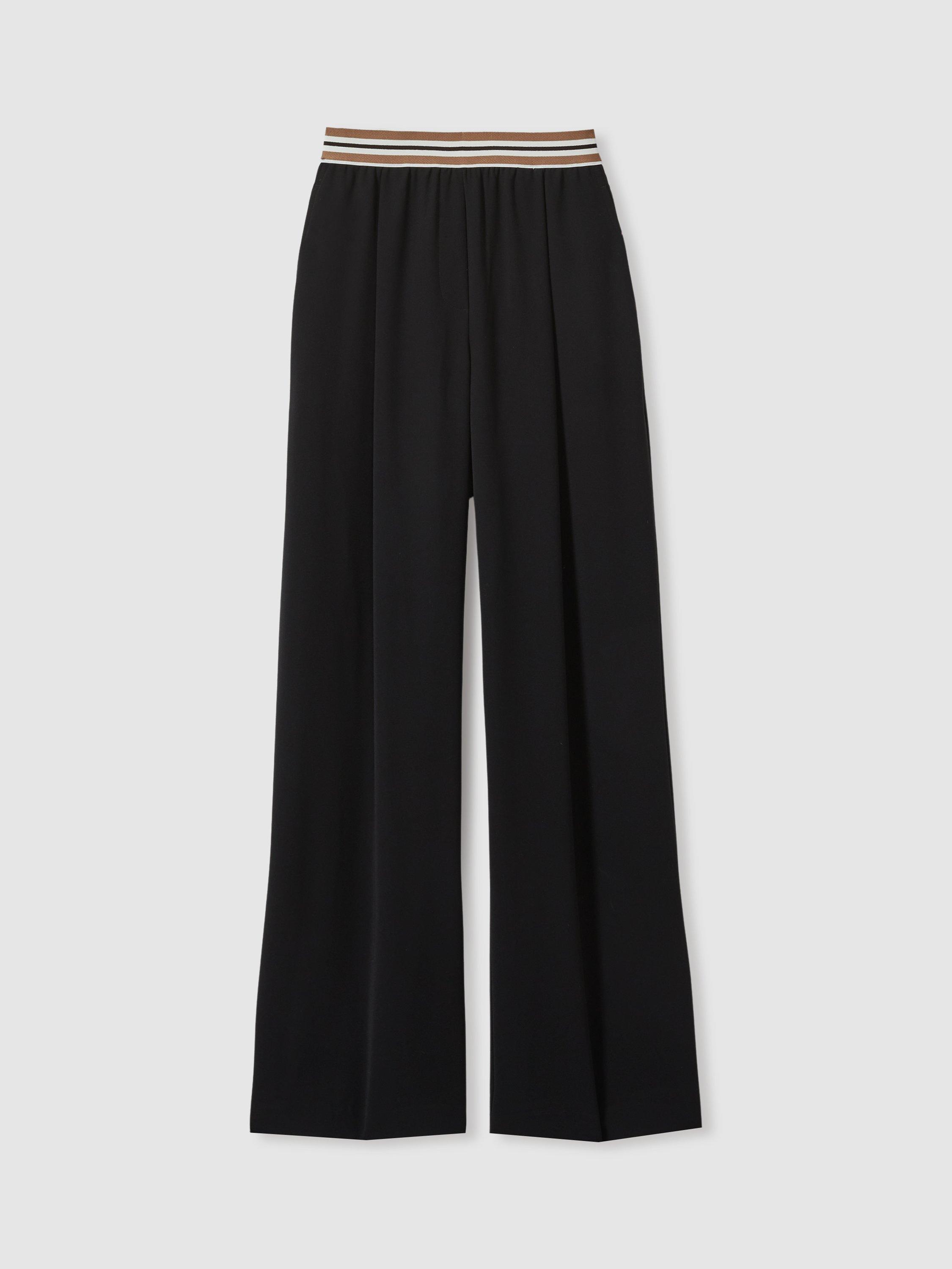 Product image 3 of 5, which shows Reiss Abs Stripe Waistband Wide Leg Trousers, Black, 6R