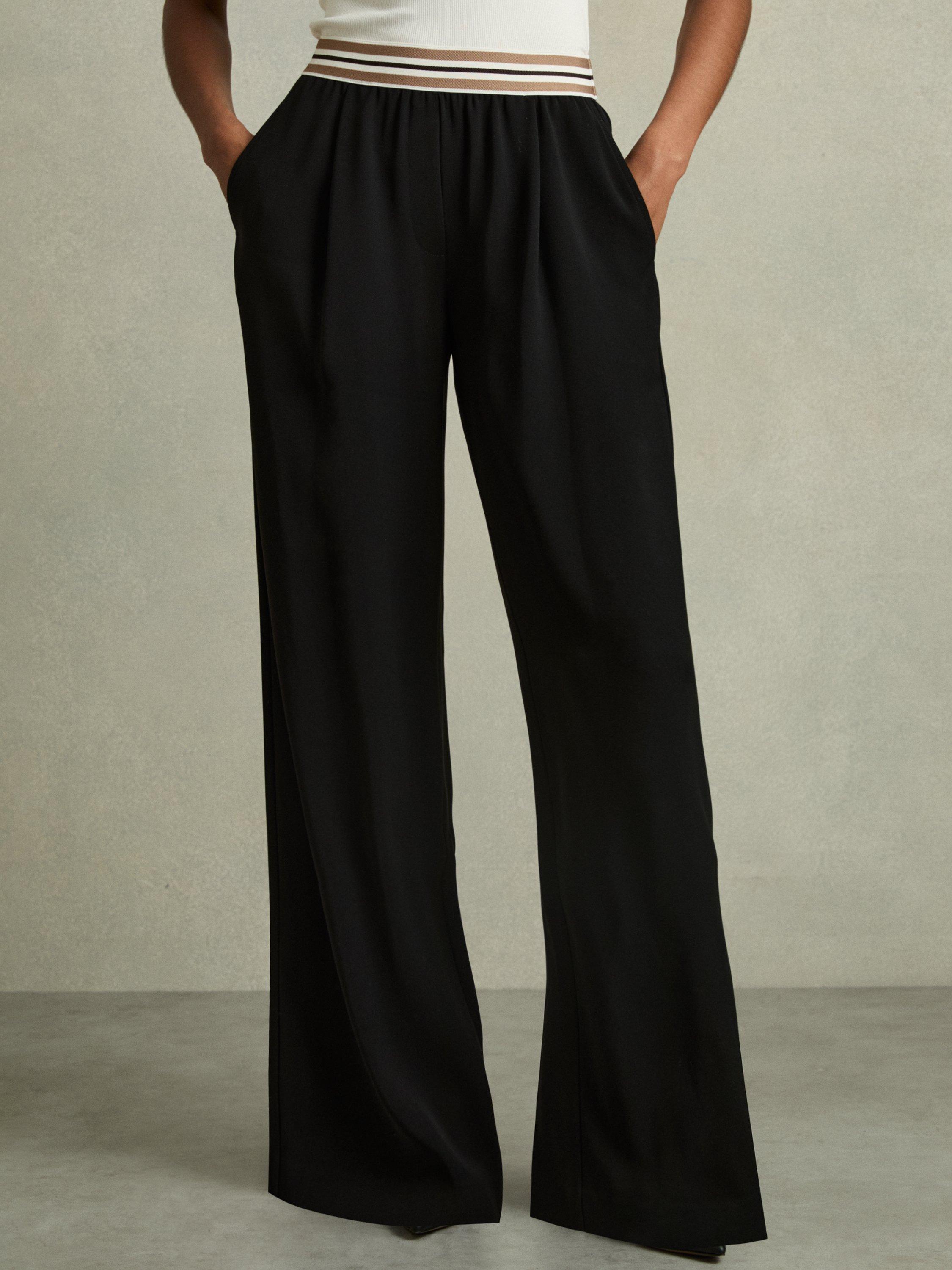 Product image 4 of 5, which shows Reiss Abs Stripe Waistband Wide Leg Trousers, Black, 6R