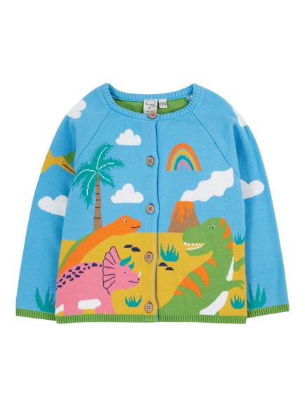 Frugi Kids' Reva Organic Cotton Dinosaur Cardigan, Multi, Multi