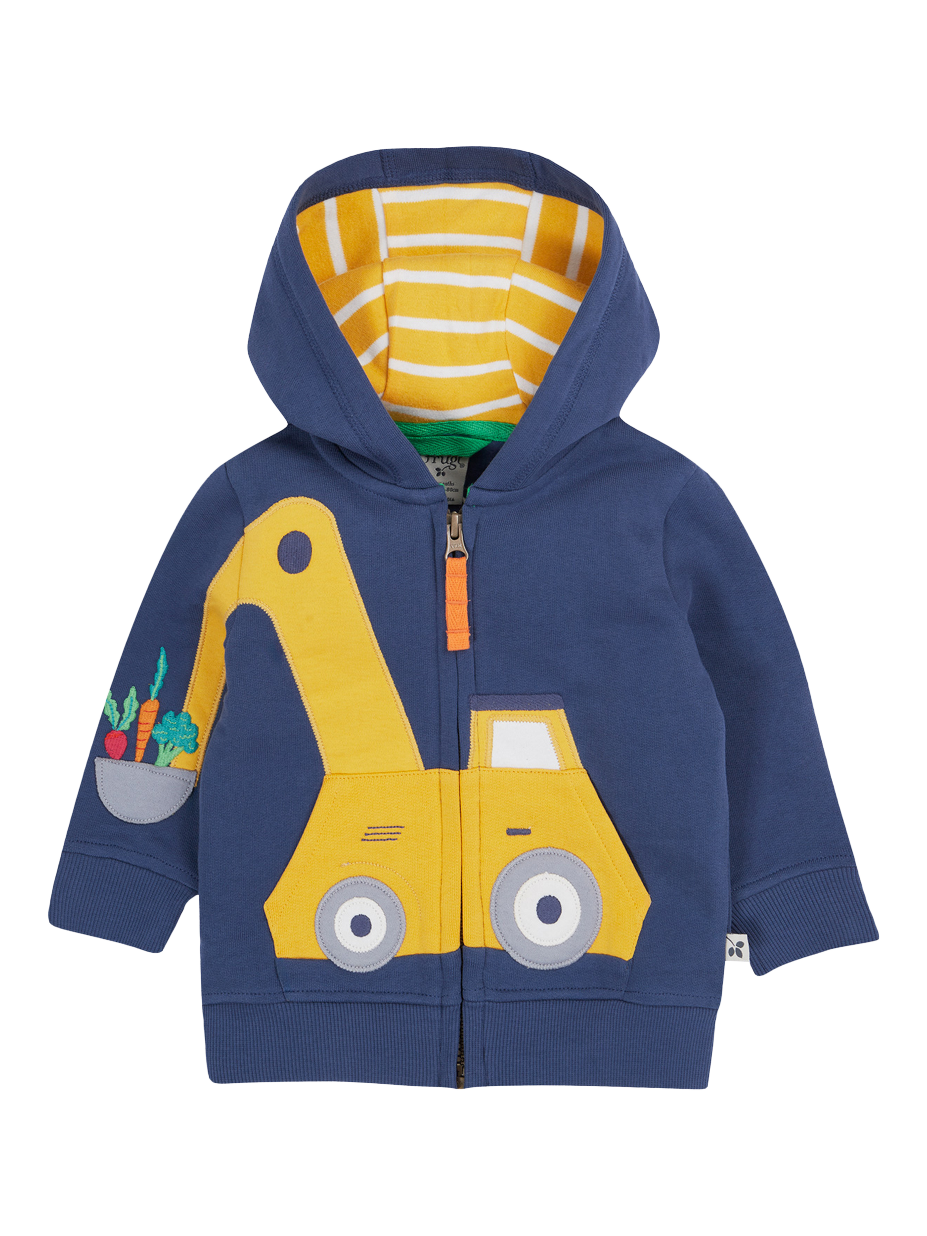 Product image 1 of 4, which shows Frugi Kids' Carbis Cotton Fleece Zip Hoodie, Navy Blue/Multi, 0-3 months