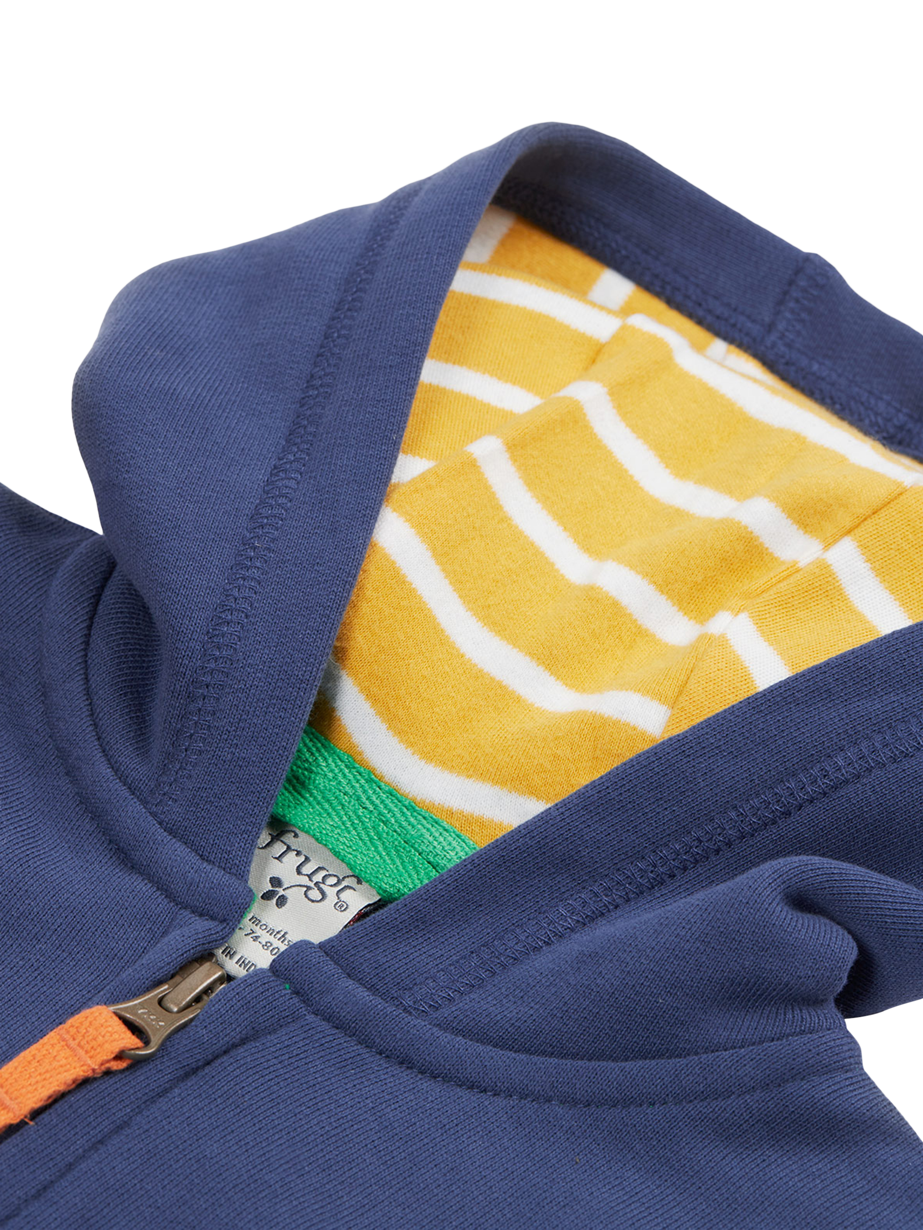 Product image 3 of 4, which shows Frugi Kids' Carbis Cotton Fleece Zip Hoodie, Navy Blue/Multi, 0-3 months