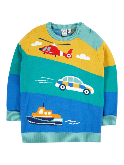 Frugi Kids' Elwood Knitted Jumper, Green/Multi, Green/Multi
