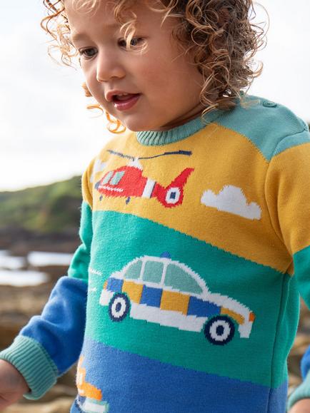 Frugi Kids' Elwood Knitted Jumper, Green/Multi - view 2, Green/Multi
