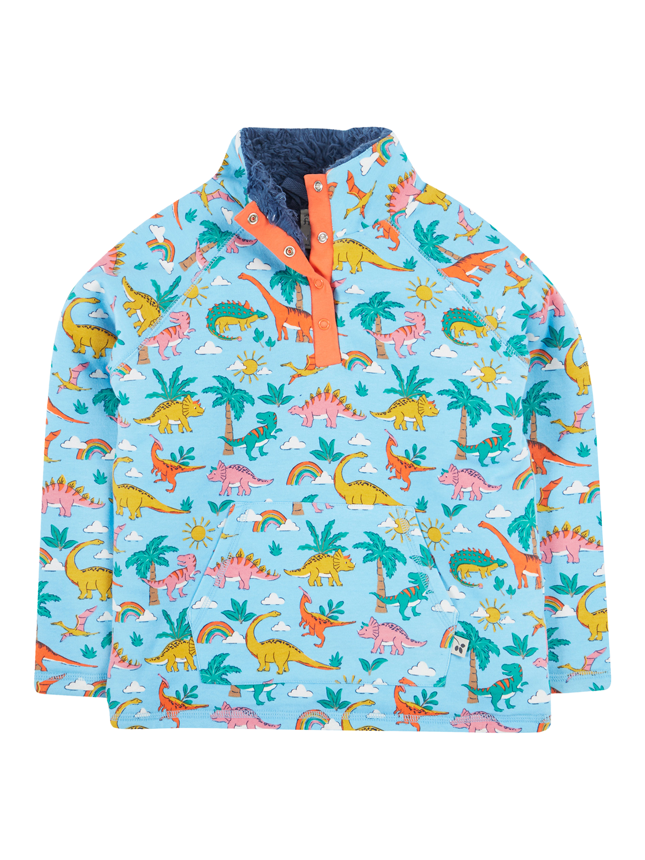 Product image 1 of 6, which shows Frugi Kids' Snuggle Cotton Fleece Dinosaur Jumper, Multi, 9-12 months
