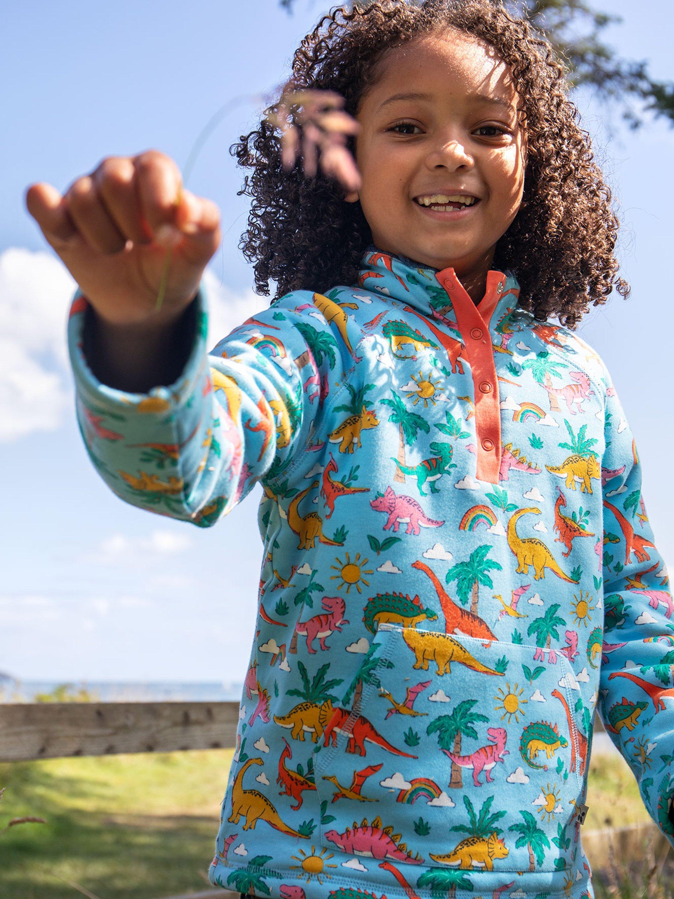 Product image 2 of 6, which shows Frugi Kids' Snuggle Cotton Fleece Dinosaur Jumper, Multi, 9-12 months