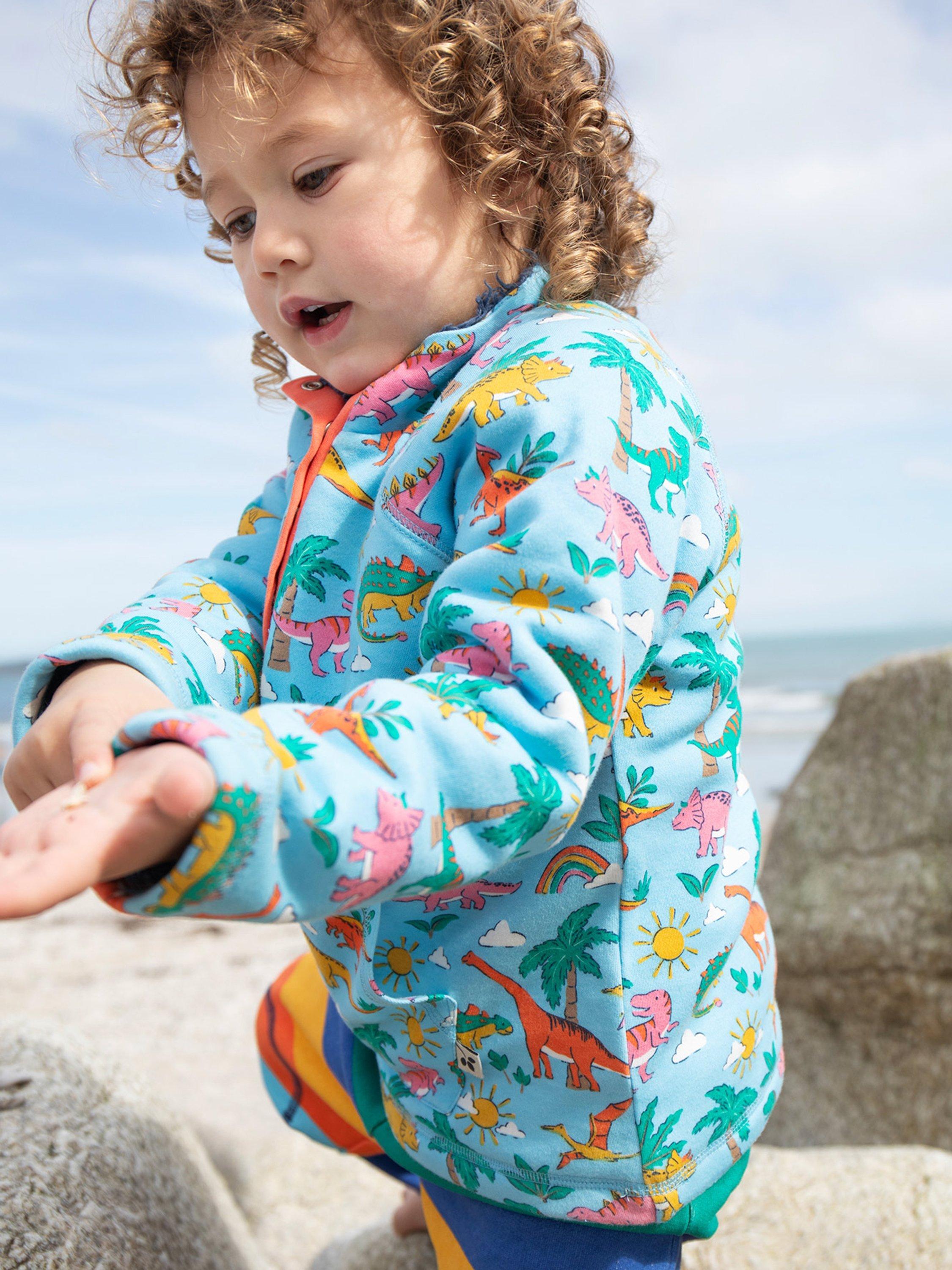 Product image 3 of 6, which shows Frugi Kids' Snuggle Cotton Fleece Dinosaur Jumper, Multi, 9-12 months