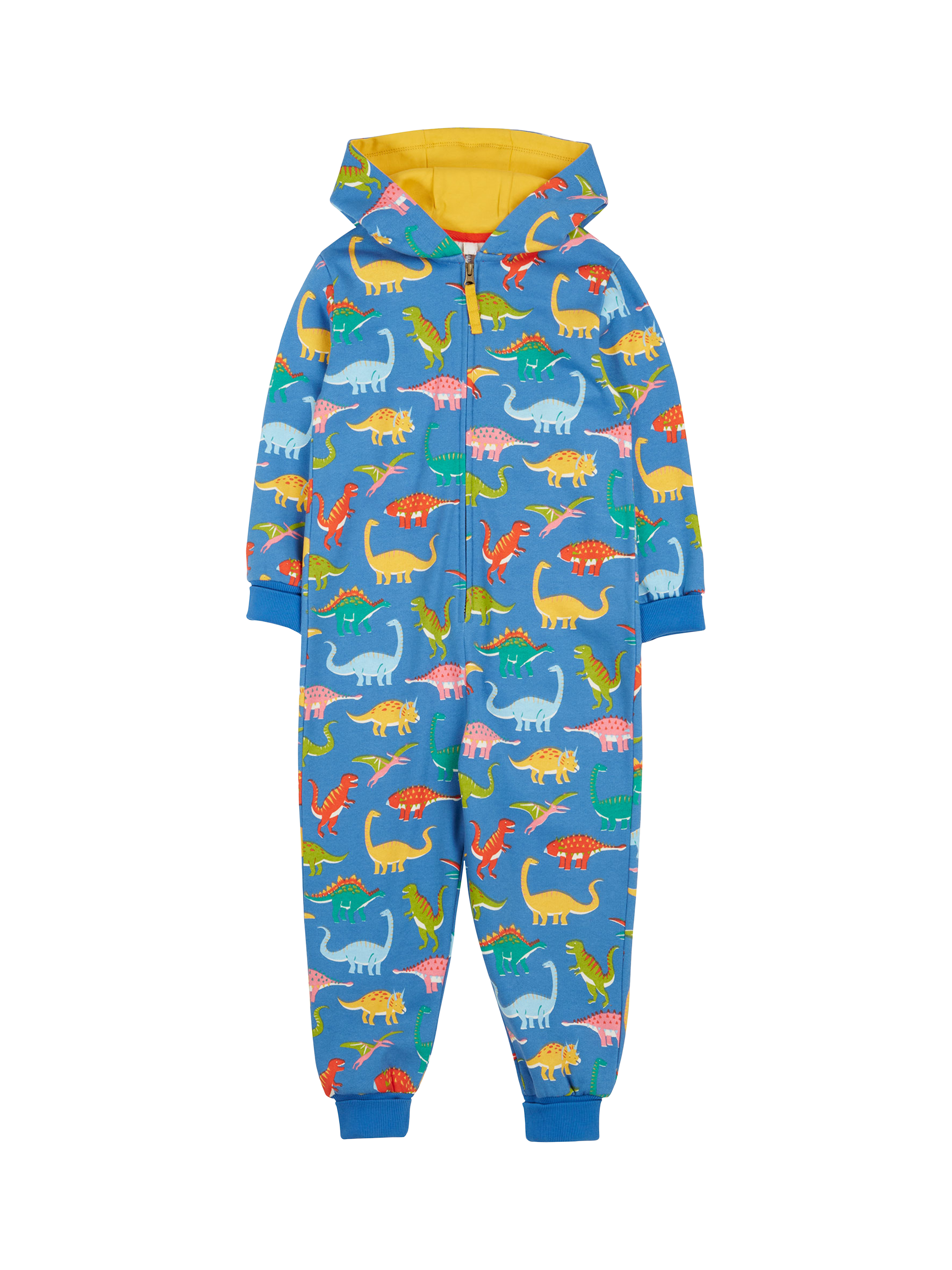 Product image 1 of 5, which shows Frugi Kids' Organic Cotton Dinosaur Print Big Snuggle Suit, Cobalt, 2-3 years