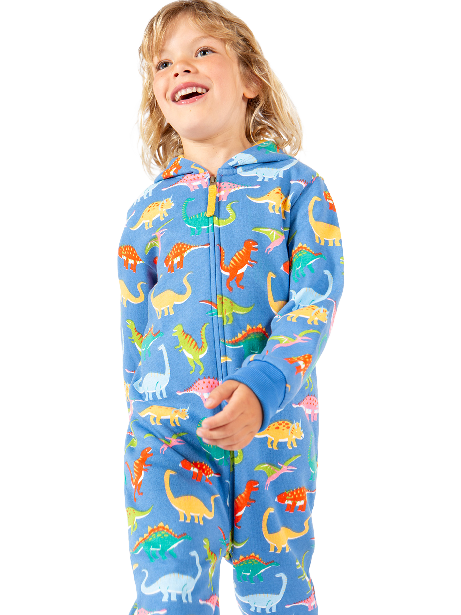 Product image 2 of 5, which shows Frugi Kids' Organic Cotton Dinosaur Print Big Snuggle Suit, Cobalt, 2-3 years
