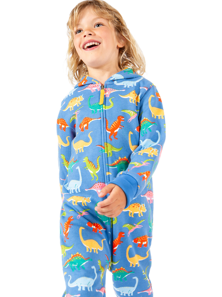 Frugi Kids' Organic Cotton Dinosaur Print Big Snuggle Suit, Cobalt - view 2, Cobalt