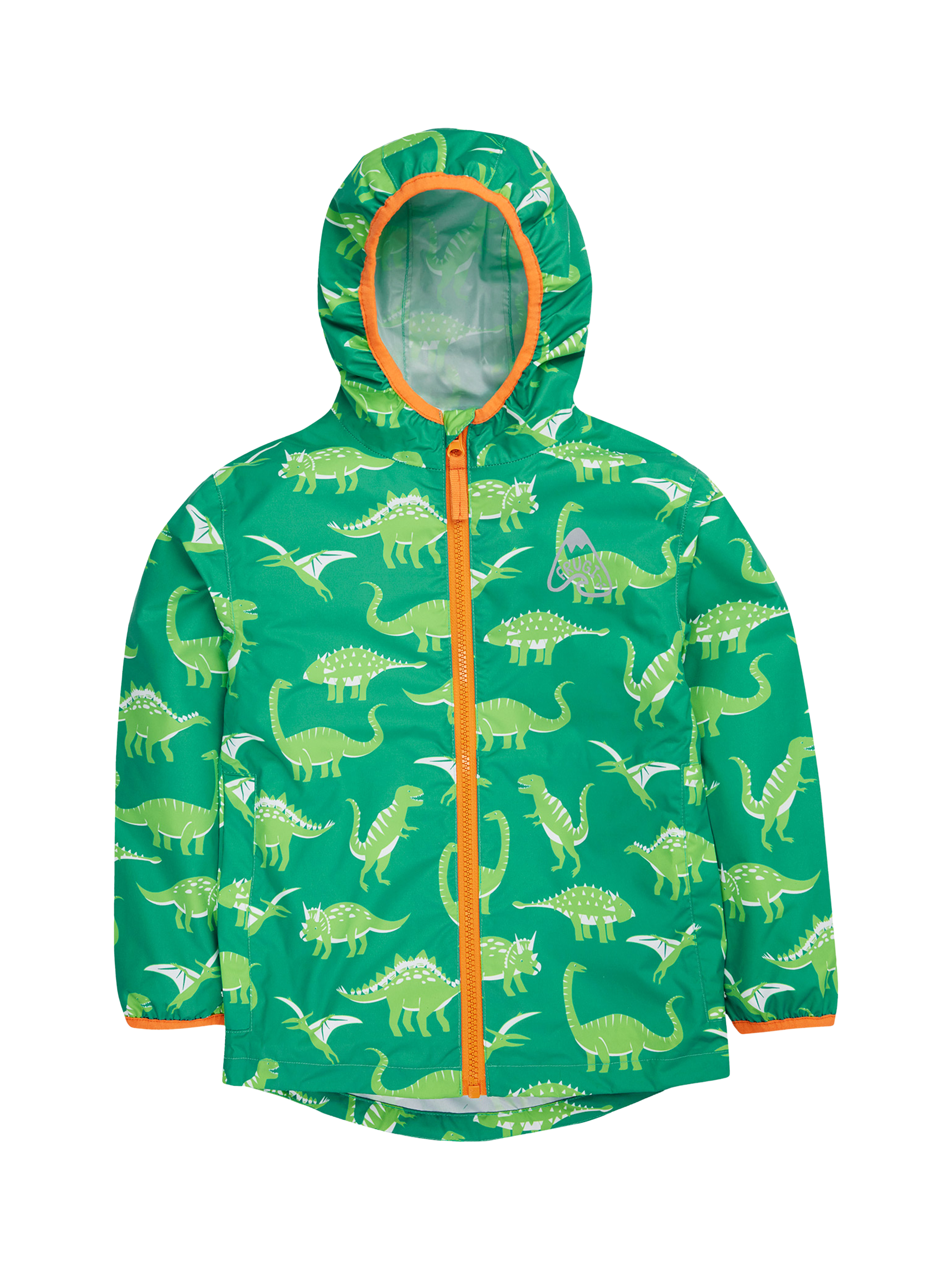 Product image 1 of 7, which shows Frugi Kids' Rain or Shine Dinosaur Waterproof Jacket, Green, 1-2 years