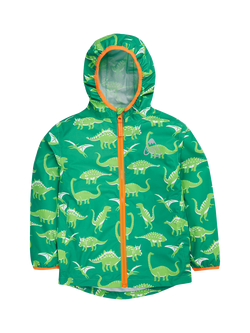 Frugi Kids' Rain or Shine Dinosaur Waterproof Jacket, Green, Green