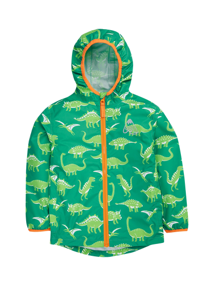Frugi Kids' Rain or Shine Dinosaur Waterproof Jacket, Green, Green
