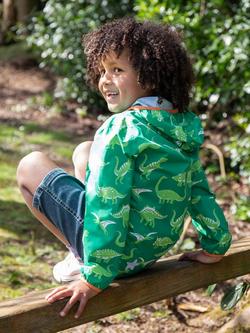Frugi Kids' Rain or Shine Dinosaur Waterproof Jacket, Green - view 2, Green