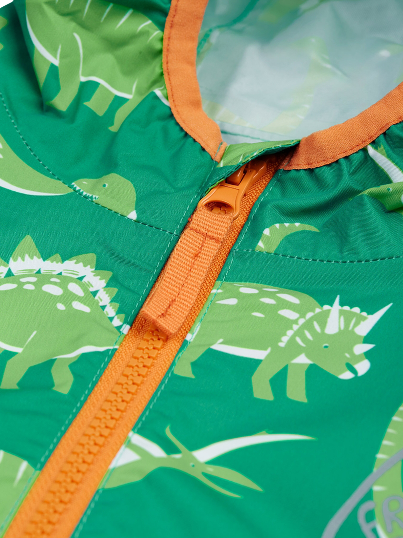 Product image 4 of 7, which shows Frugi Kids' Rain or Shine Dinosaur Waterproof Jacket, Green, 1-2 years
