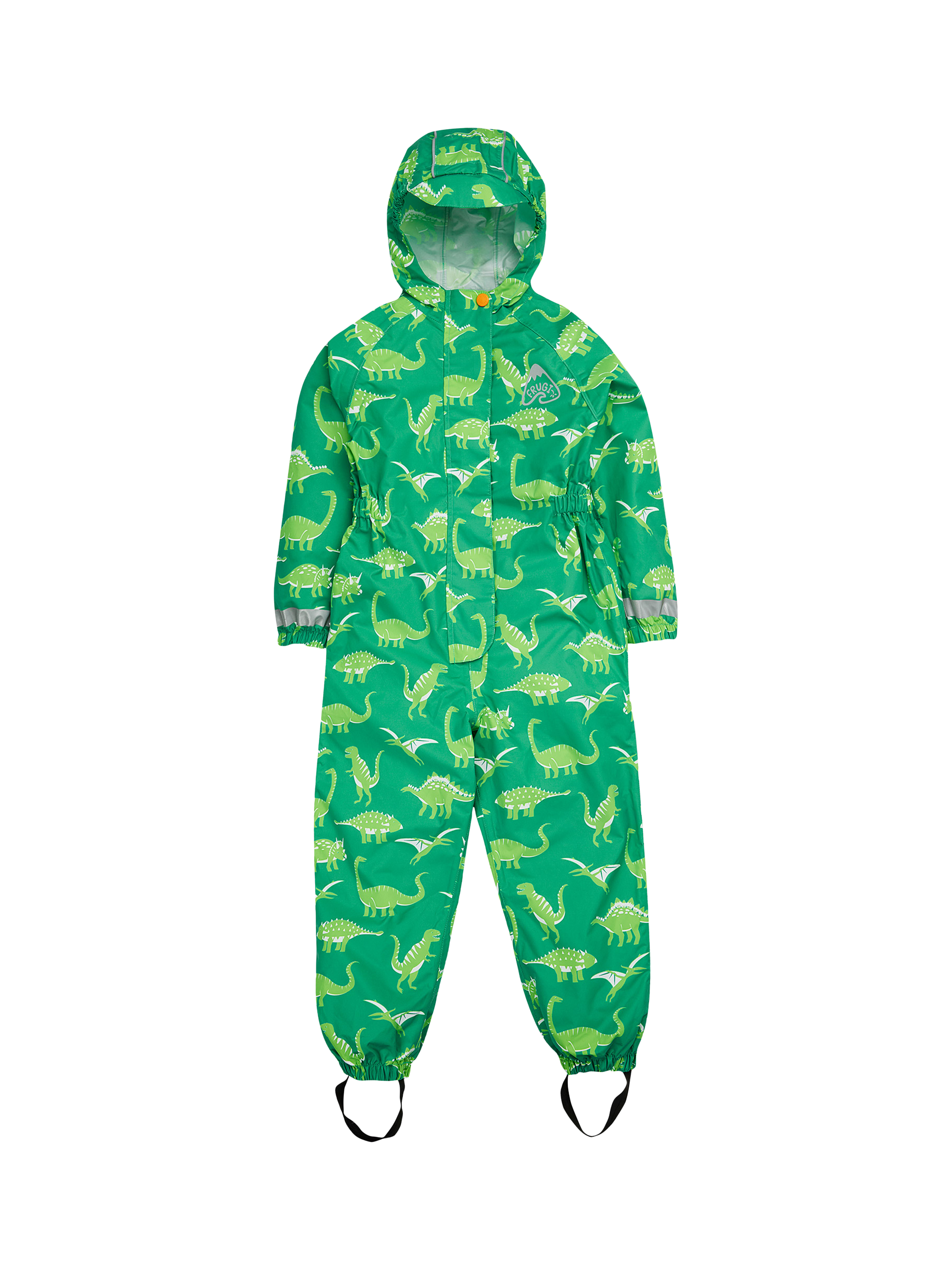 Product image 1 of 7, which shows Frugi Kids' Rain or Shine Dinosaur Waterproof Rain Suit, Green, 1-2 years