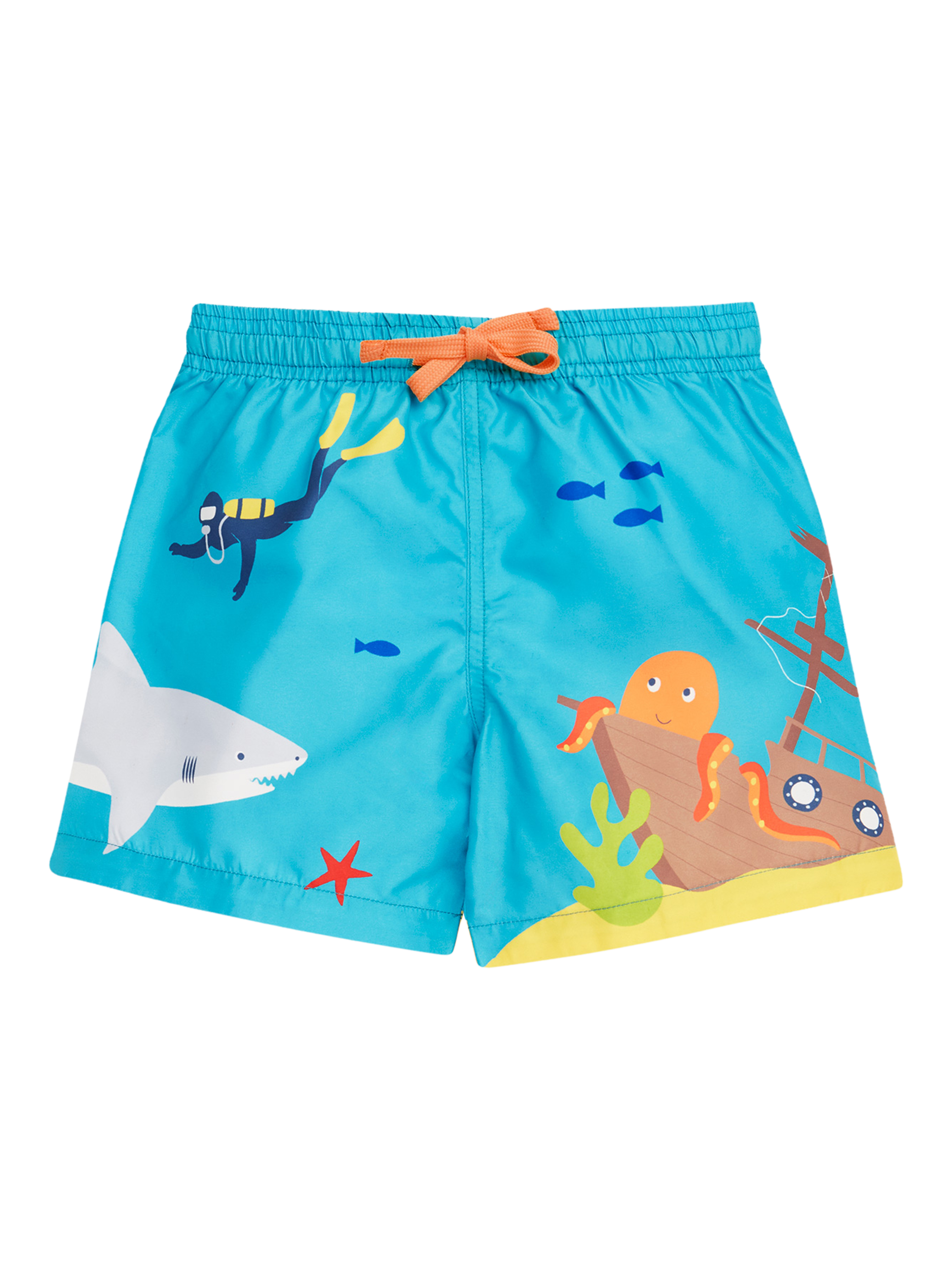 Product image 1 of 5, which shows Frugi Kids' Polkerris Board Shorts, Tropical Sea/Diver, 2-3 years