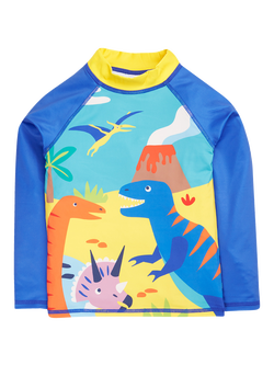 Frugi Kids' Sun Safe Dinosaur Long Sleeve Rash Vest, Blue, Blue