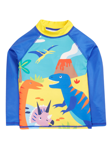 Frugi Kids' Sun Safe Dinosaur Long Sleeve Rash Vest, Blue, Blue