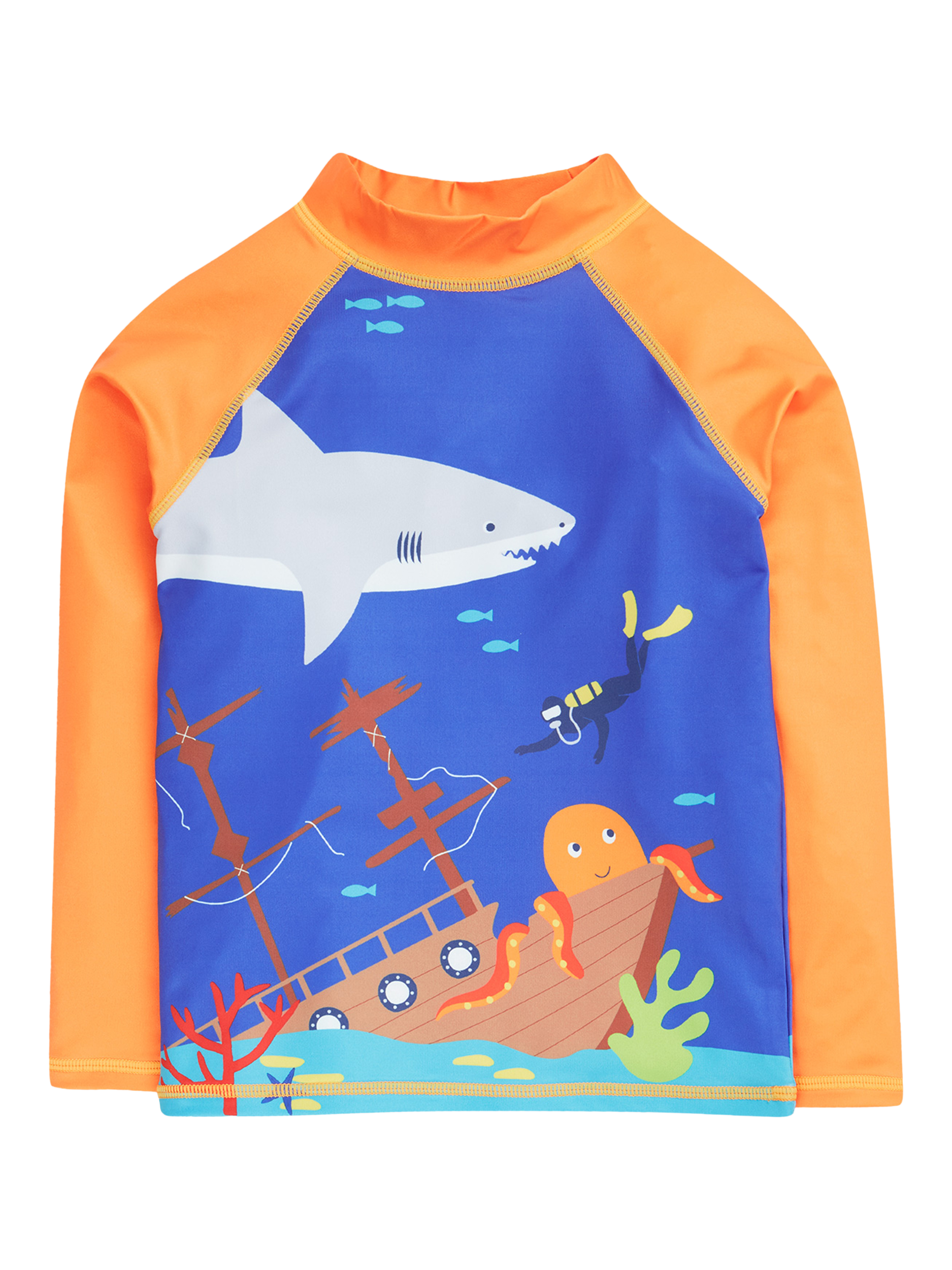 Product image 1 of 5, which shows Frugi Kids' Sun Safe Sea Life Long Sleeve Rash Vest, Orange/Blue, 2-3 years