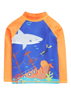 Frugi Kids' Sun Safe Sea Life Long Sleeve Rash Vest, Orange/Blue, Orange/Blue